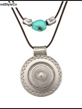 Boho Layered Pendant Necklace Faux Leather Cord with Beads Sunburst Charm